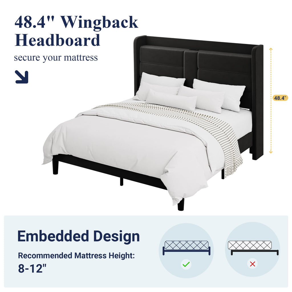 Queen Size Black Velvet Upholstered Platform Bed Frame with Storage Headboard P1890