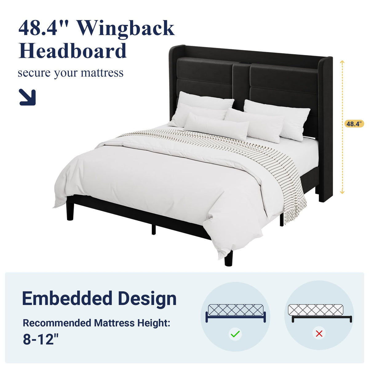 Queen Size Black Velvet Upholstered Platform Bed Frame with Storage Headboard P1890