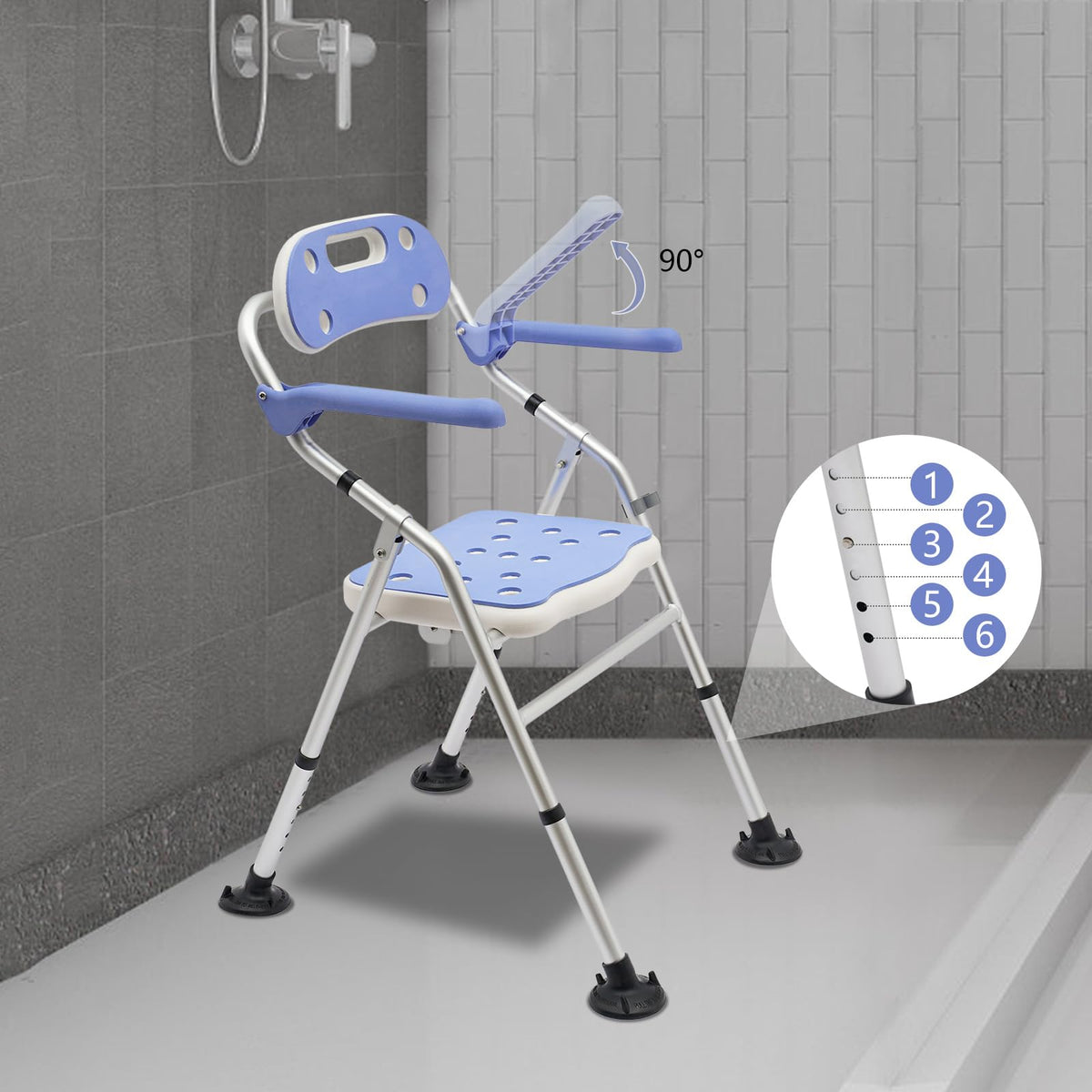 Folding Shower Seat with Arms and Back, Height Adjustable Non-Slip Bath Bench, 330lbs Capacity, Blue Z1355