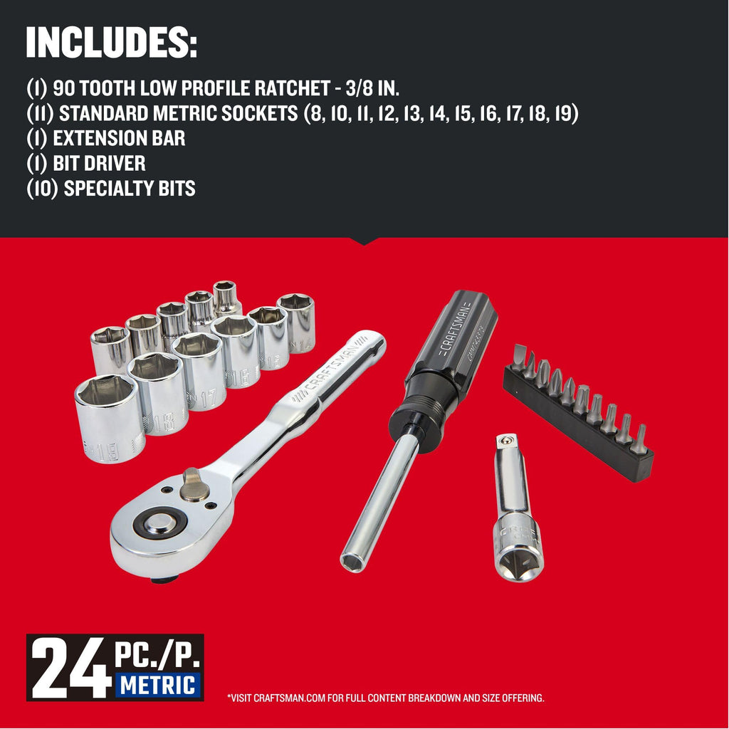 24 Piece 3/8 Inch Drive Metric Mechanics Tool Set S72771