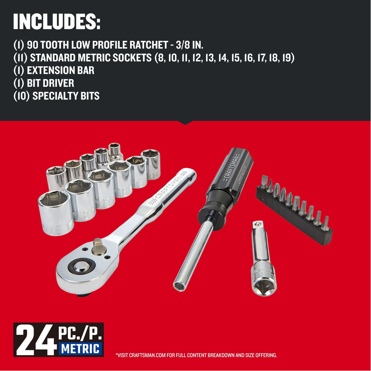24 Piece 3/8 Inch Drive Metric Mechanics Tool Set S72771