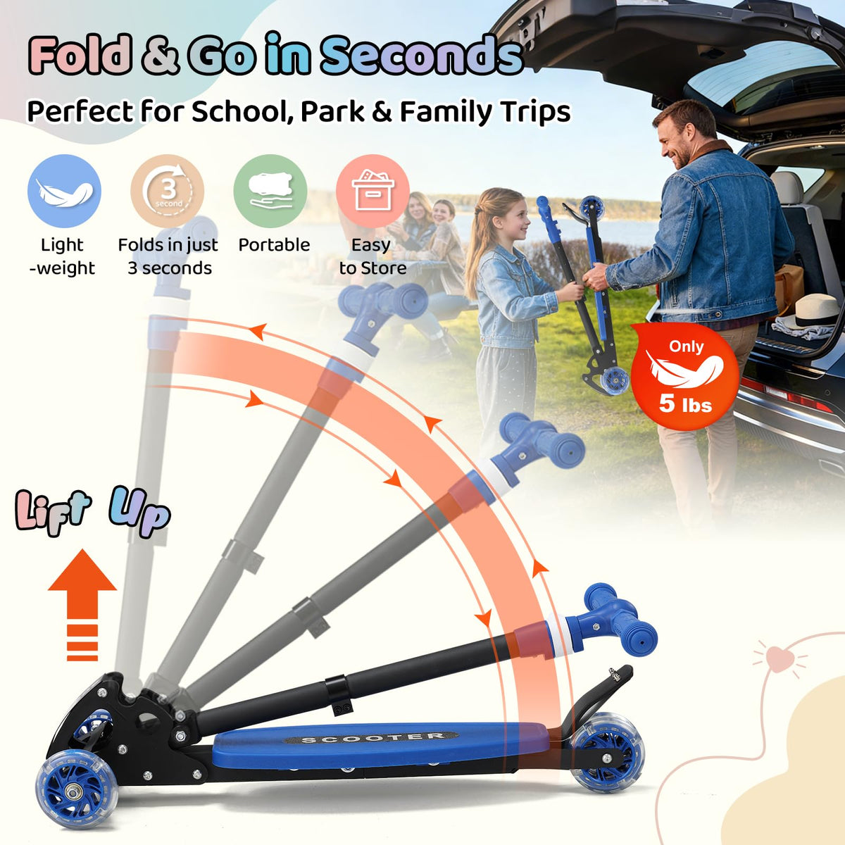 Three Wheeled Light Up Foldable Kick Scooter W49796