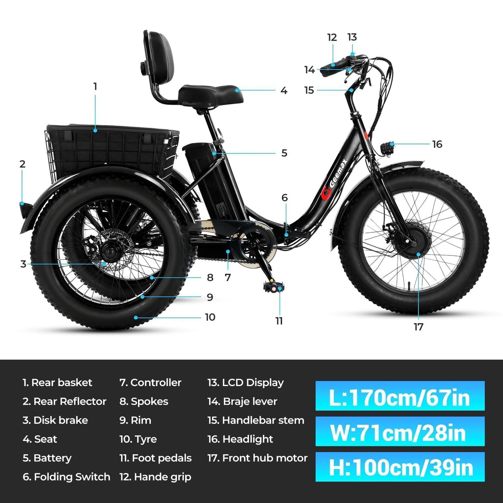 Folding Electric Tricycle for Adults, 20"x4" Fat Tire, Peak 500W 36V13Ah D50931