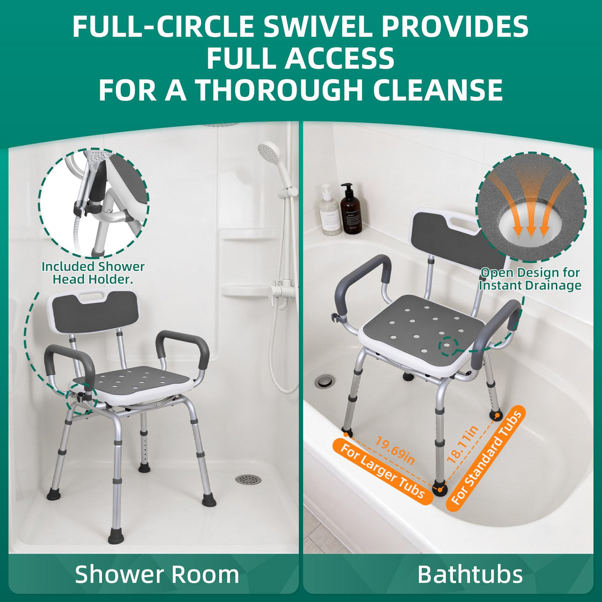 Swivel Shower Chair with Arms & Back, Heavy Duty Non-Slip Rotating Shower Bench Seat S670