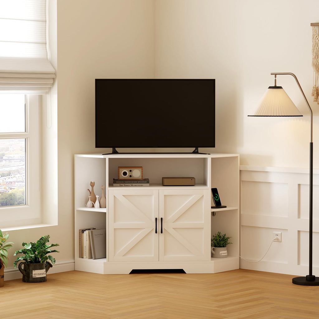 Corner TV Stand with Power Outlet & Barn Doors V670