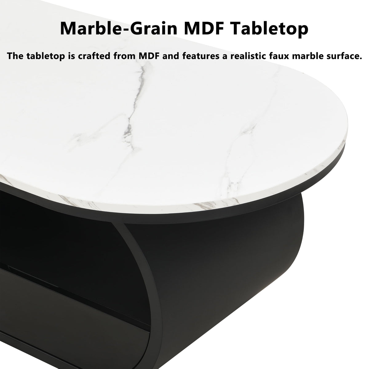 47'' Oval Coffee Table with Drawer, Marble-Grain MDF Top, Black Metal Base O148070