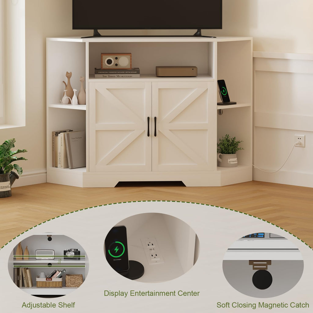 Corner TV Stand with Power Outlet & Barn Doors V670