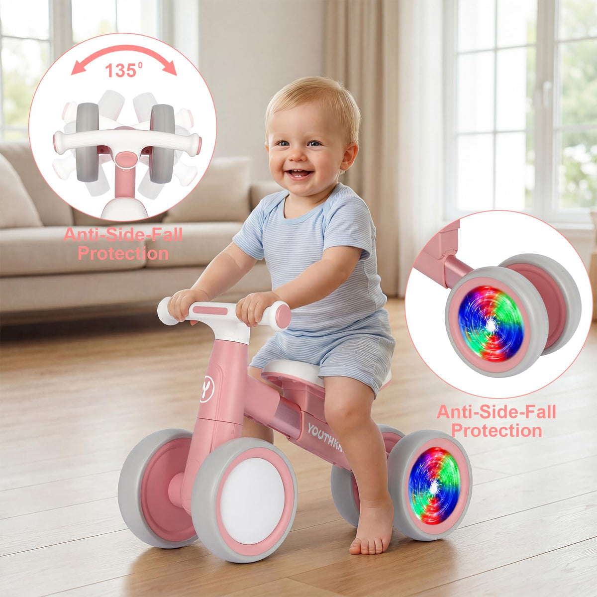 Baby Balance Bike for 1-2 Year Old Toddlers, 4-Wheel with Colorful Light V380