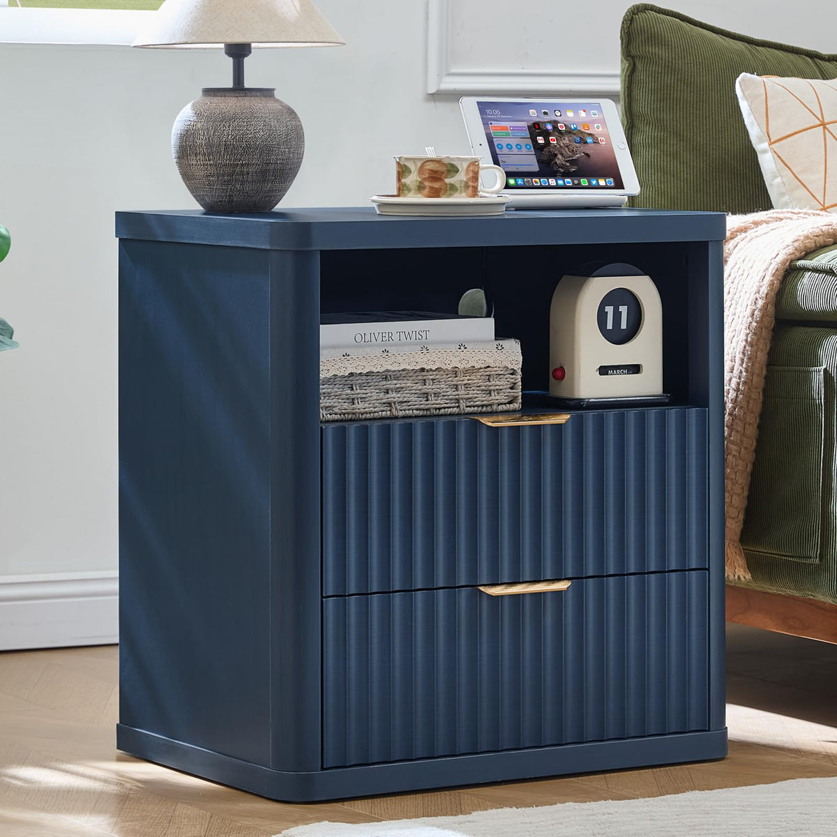 Blue 2 Drawer Fluted Nightstand with Charging Station V637686