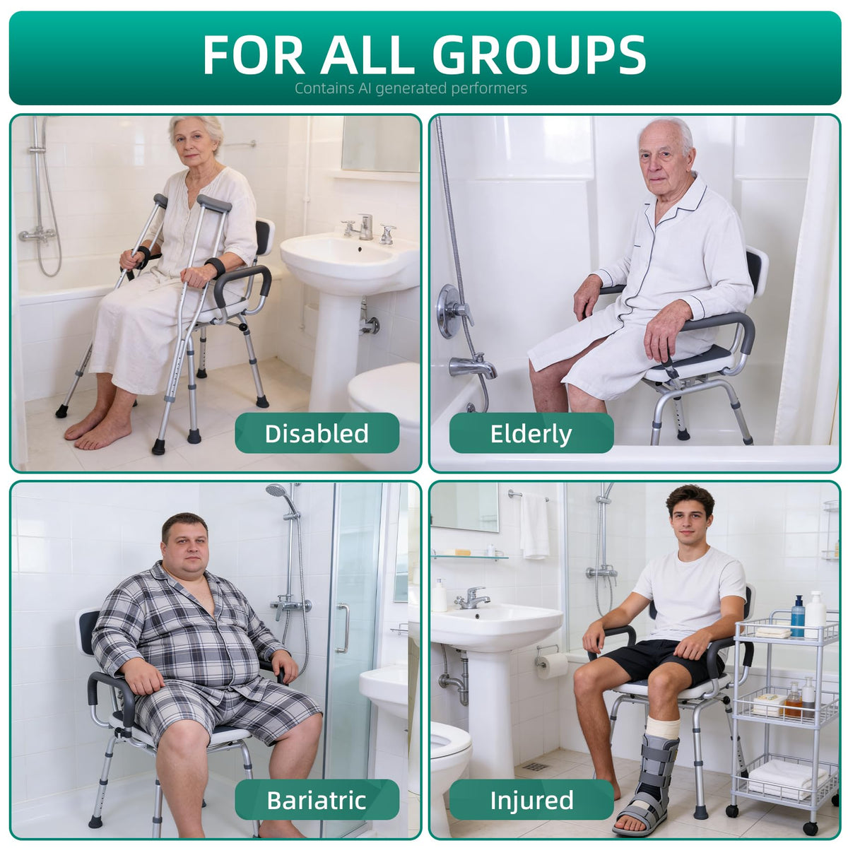 Swivel Shower Chair with Arms & Back, Heavy Duty Non-Slip Rotating Shower Bench Seat S670