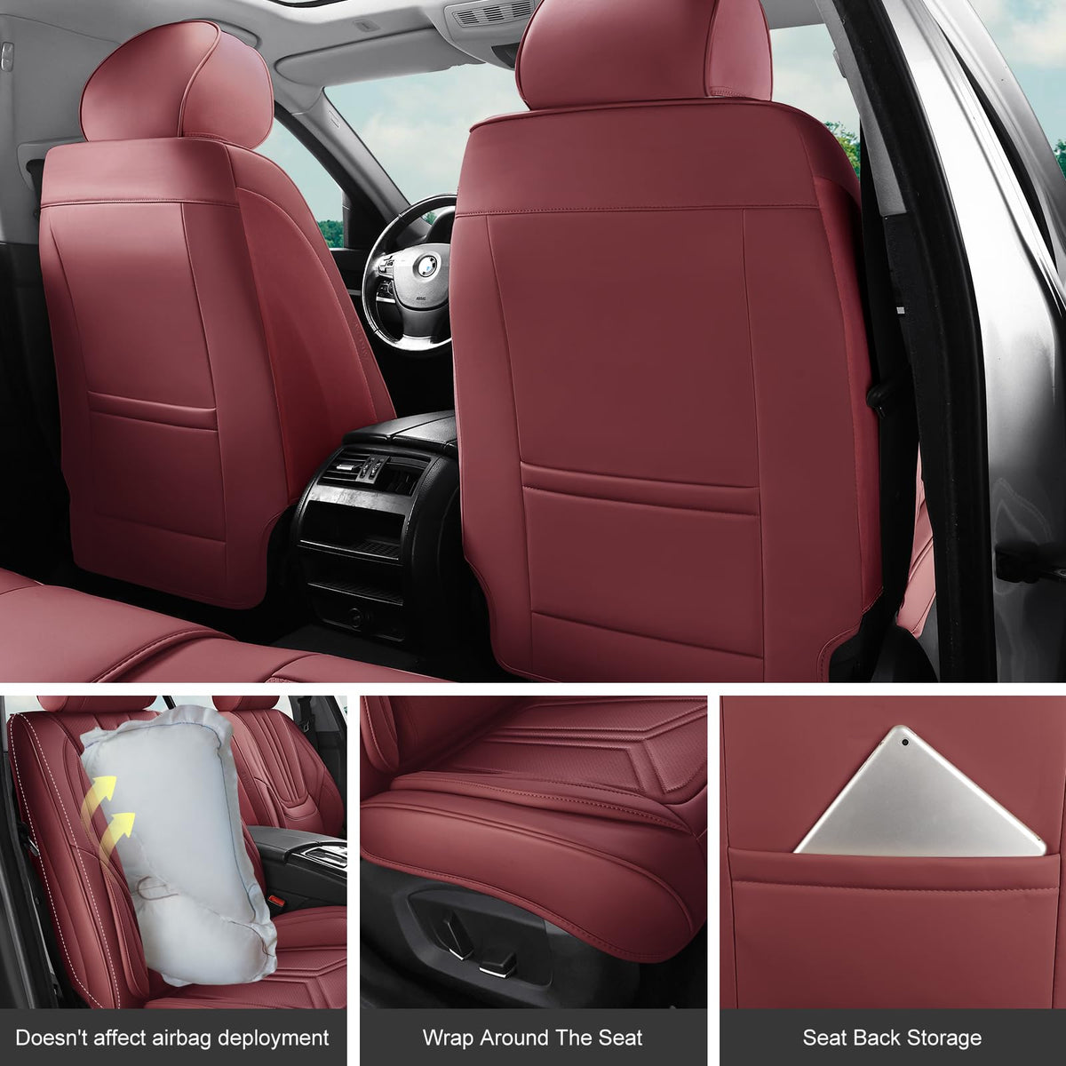 Burgundy Leather Full Set Car Seat Covers C24778