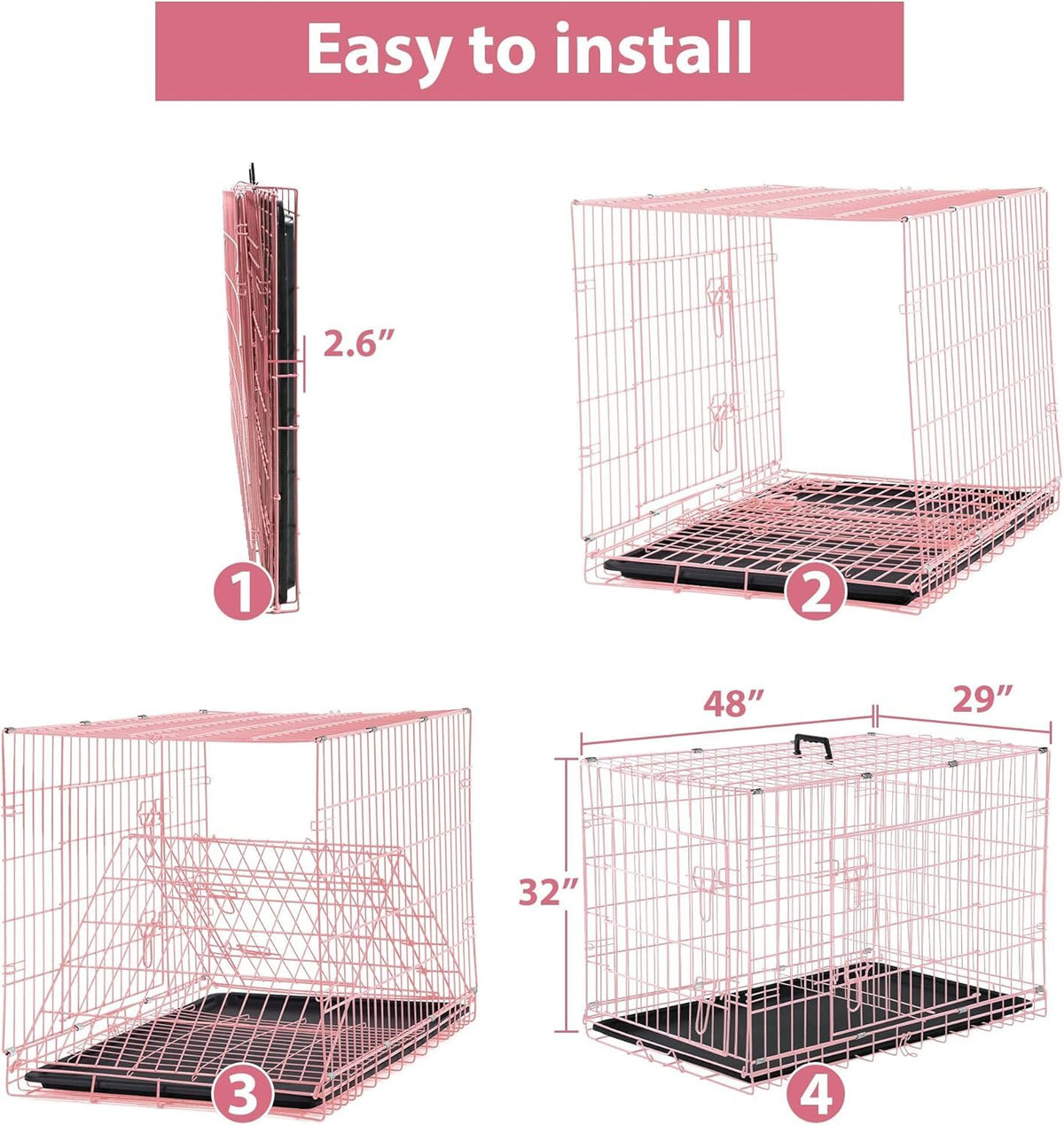 48 Inch Extra Large Pink Folding Metal Wire Dog Crate with Divider Panel I2512