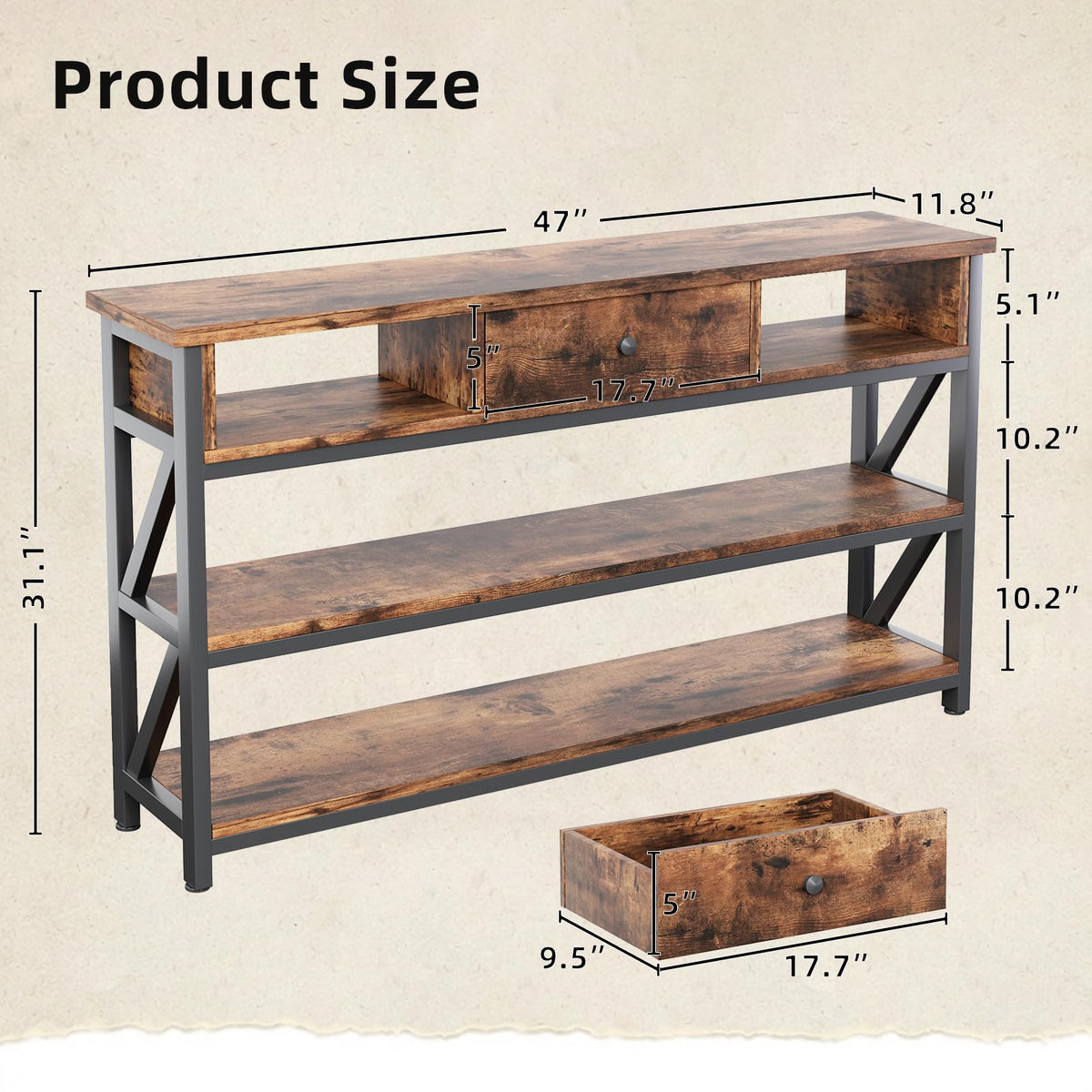 47 Inch Rustic Brown Console Table with Drawer Shelves T34895