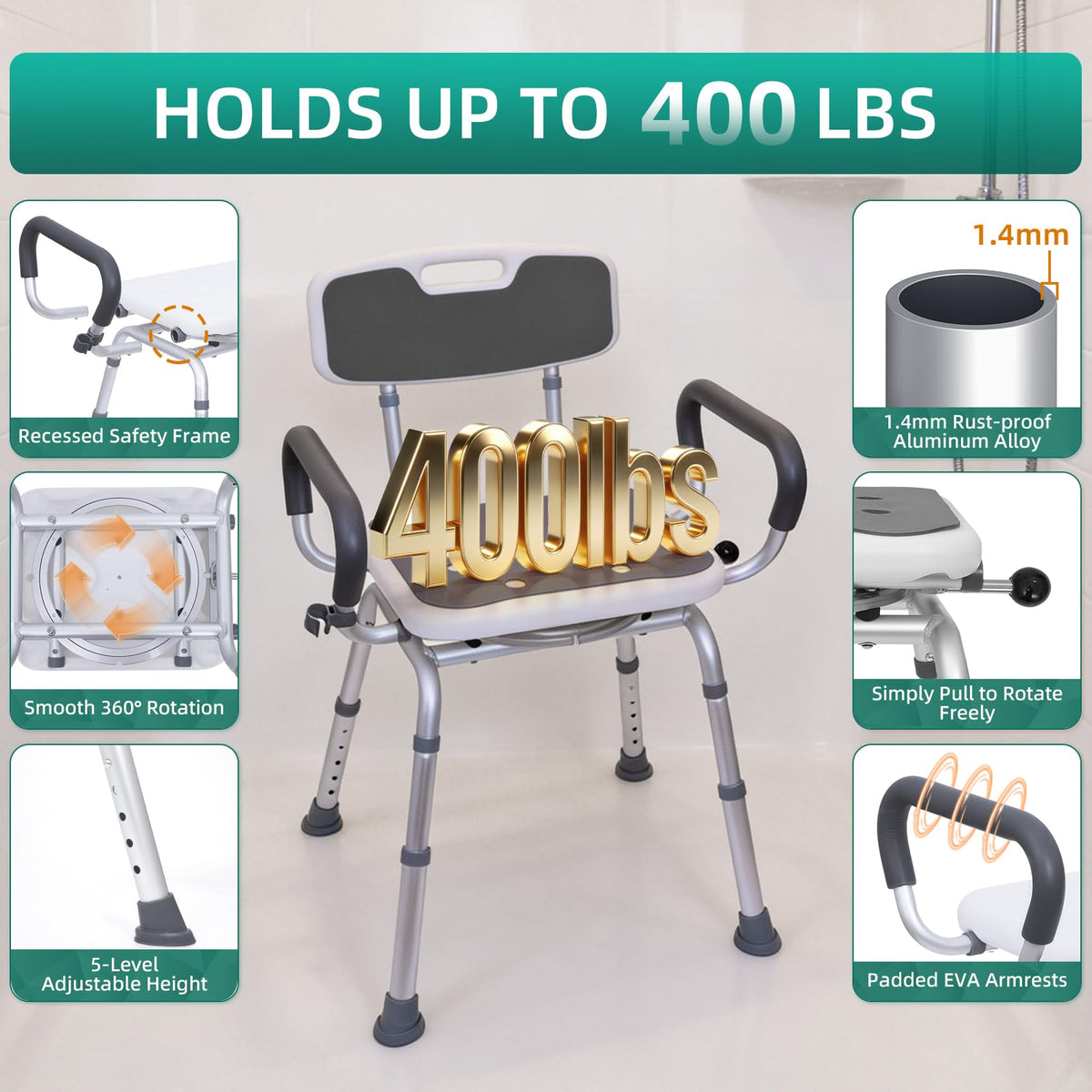 Swivel Shower Chair with Arms & Back, Heavy Duty Non-Slip Rotating Shower Bench Seat S670