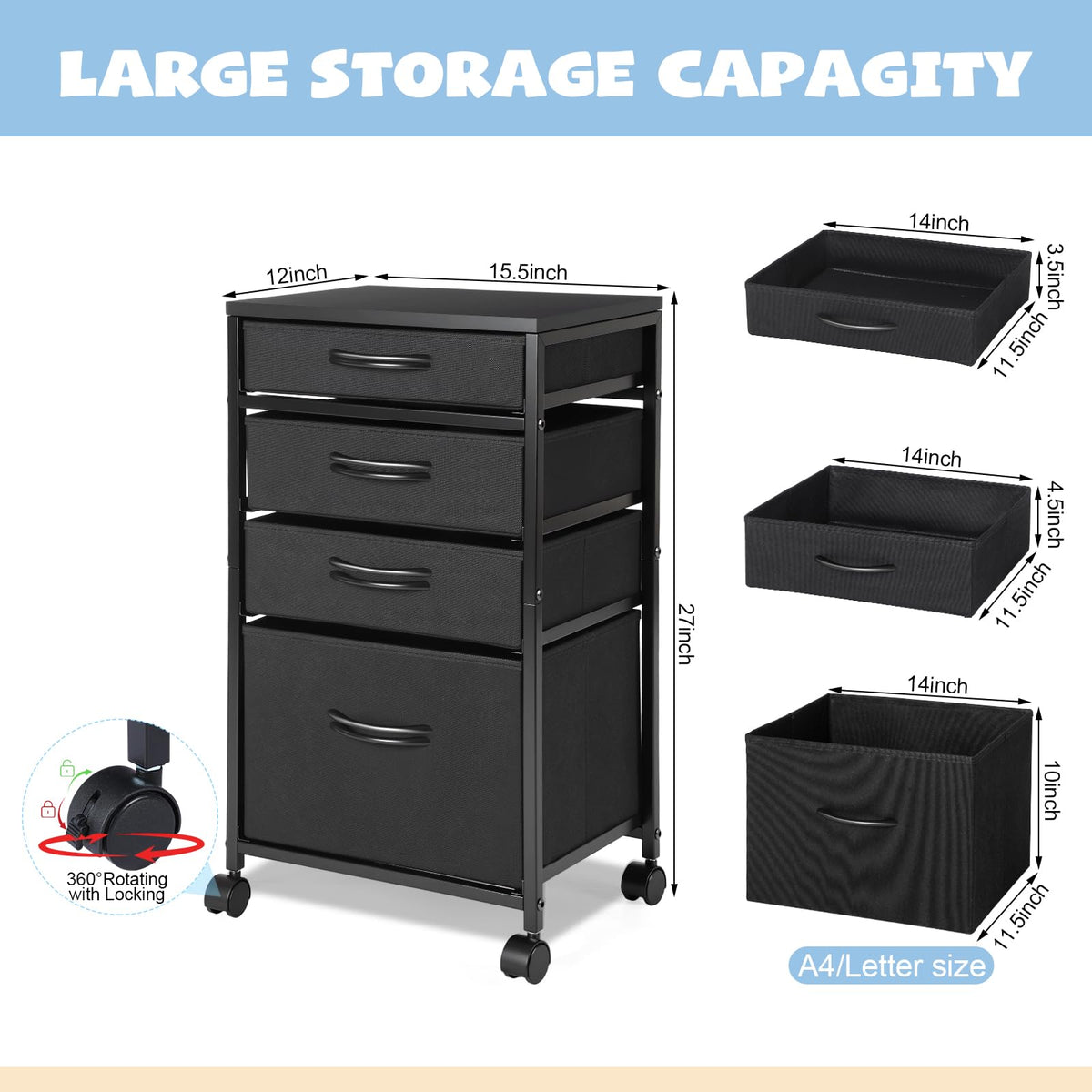 4 Drawer Rolling File Cabinet with Wheels C6354