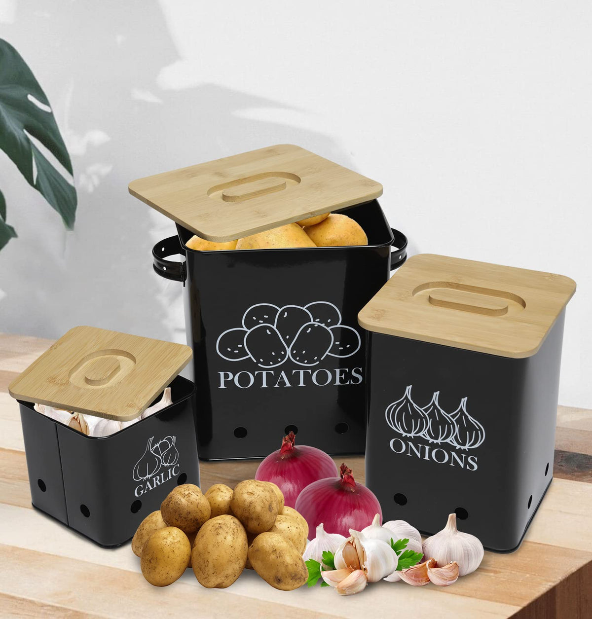 Black 3 Pack Kitchen Canisters Set with Wooden Lid P669