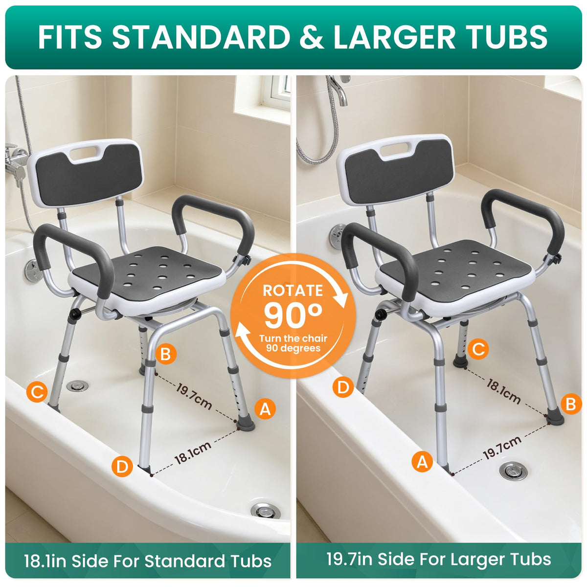 Swivel Shower Chair with Arms & Back, Heavy Duty Non-Slip Rotating Shower Bench Seat S670