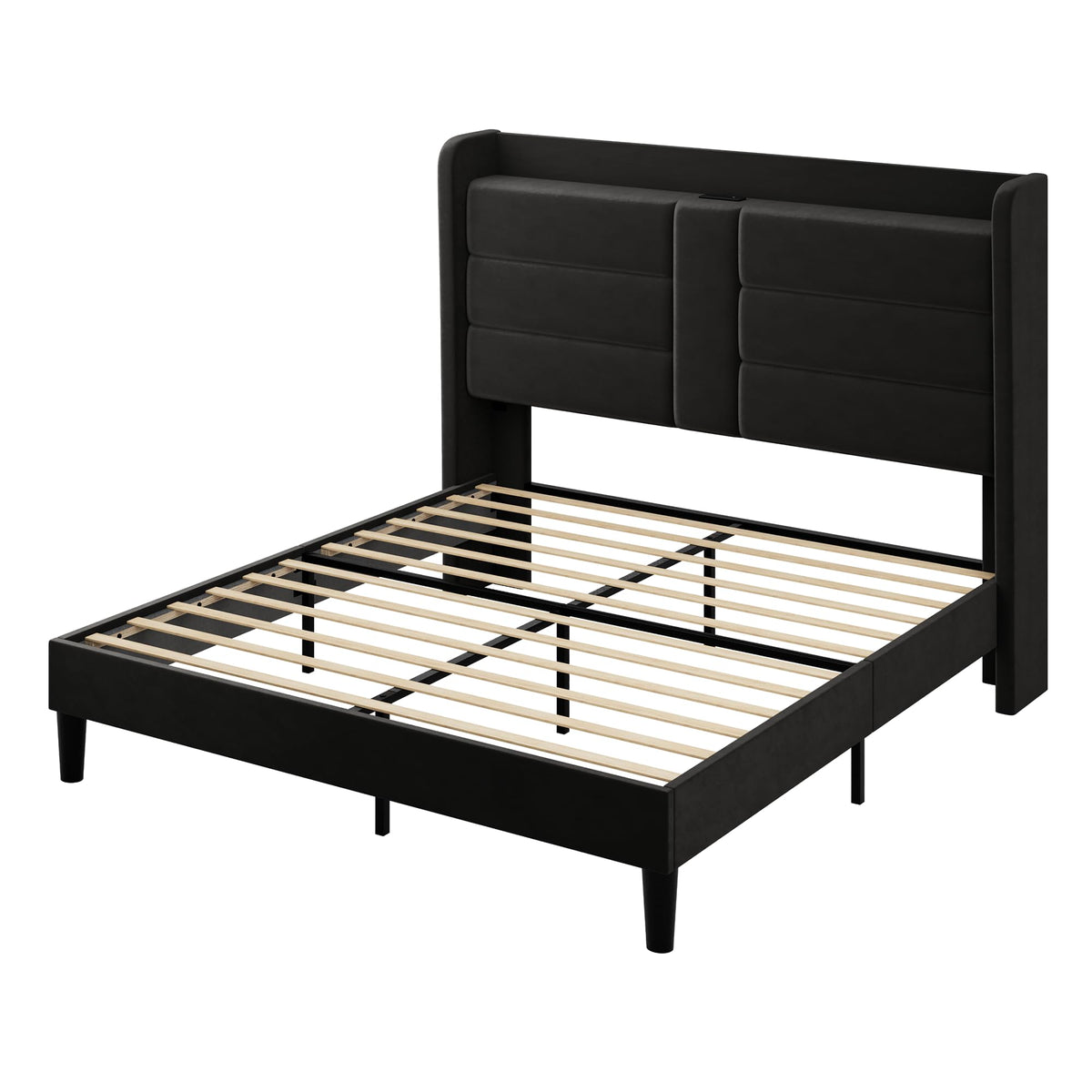 Queen Size Black Velvet Upholstered Platform Bed Frame with Storage Headboard P1890