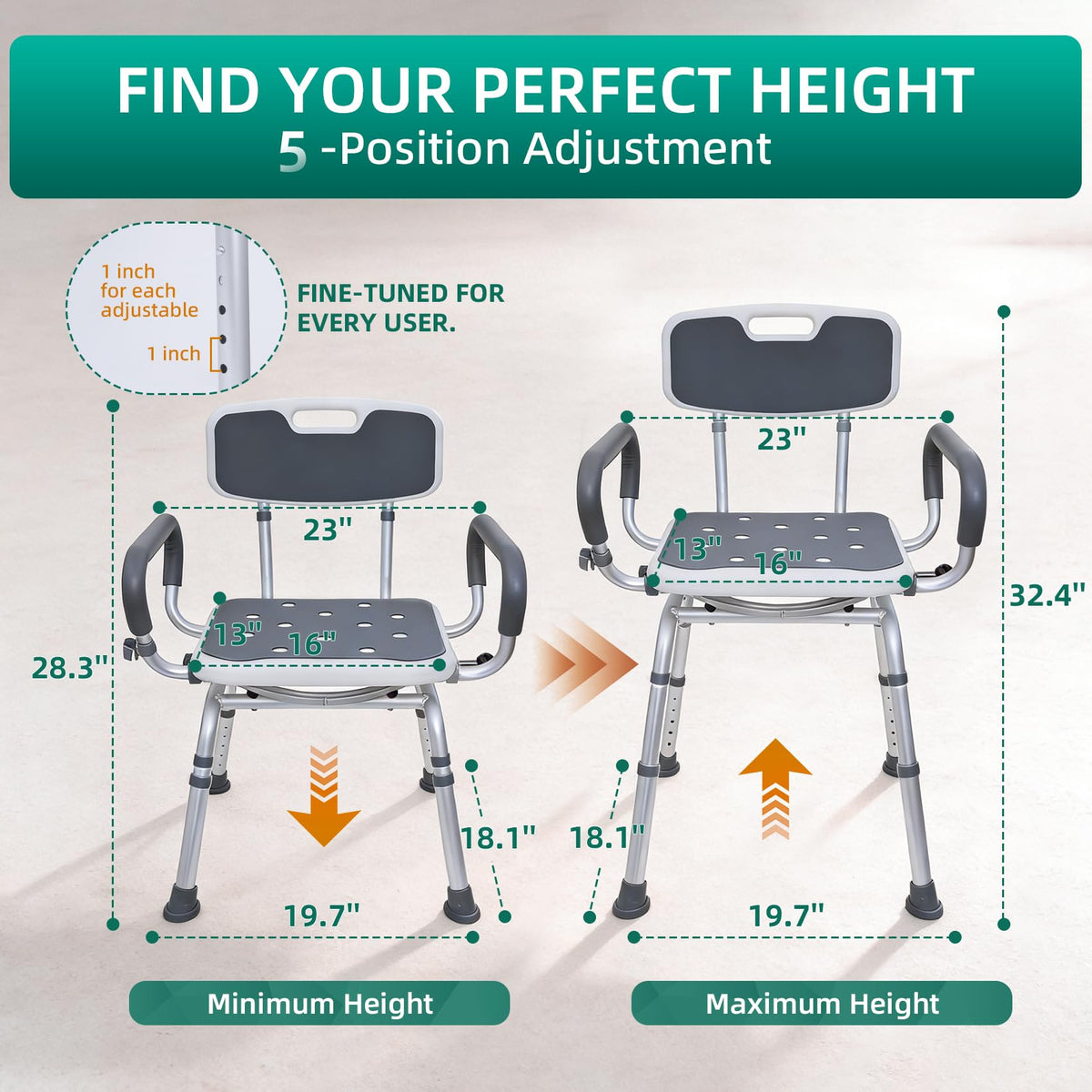 Swivel Shower Chair with Arms & Back, Heavy Duty Non-Slip Rotating Shower Bench Seat S670