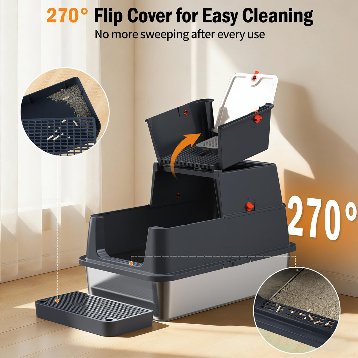 Stainless Steel Enclosed Litter Box with Lid, Extra Large, Black I5499
