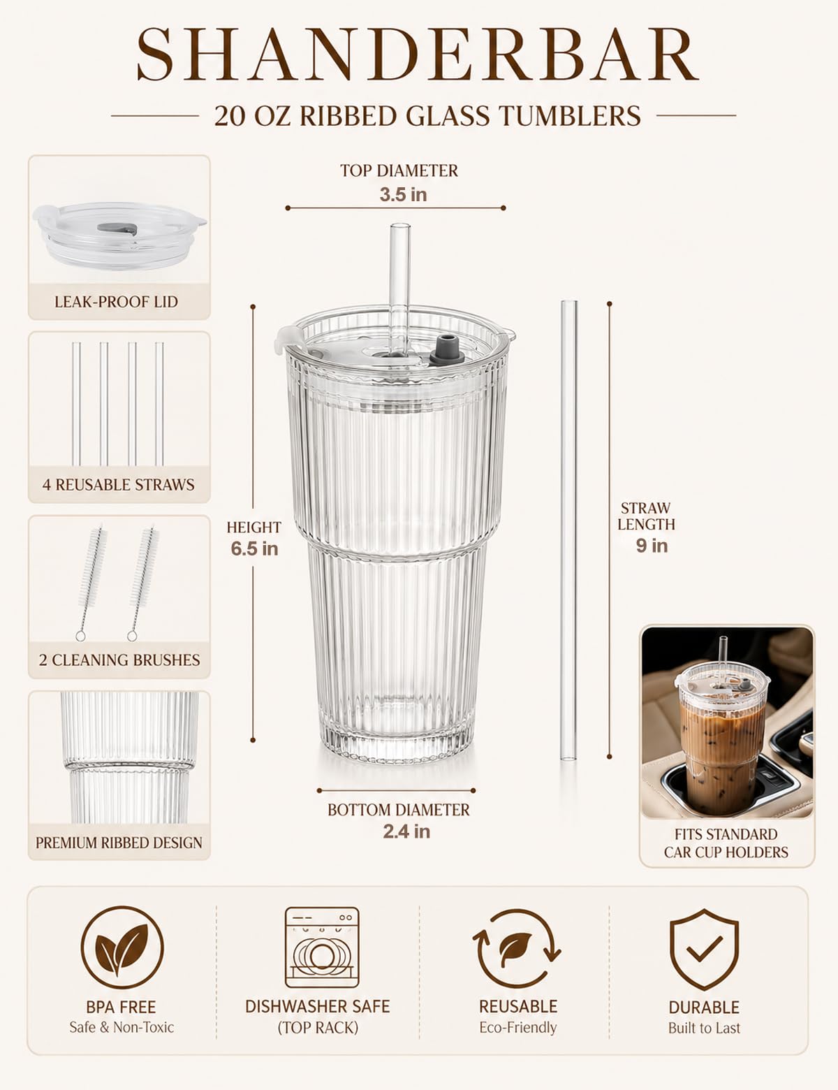 20 oz Ribbed Glass Tumblers with Lids and Straws, Set of 4 N9581