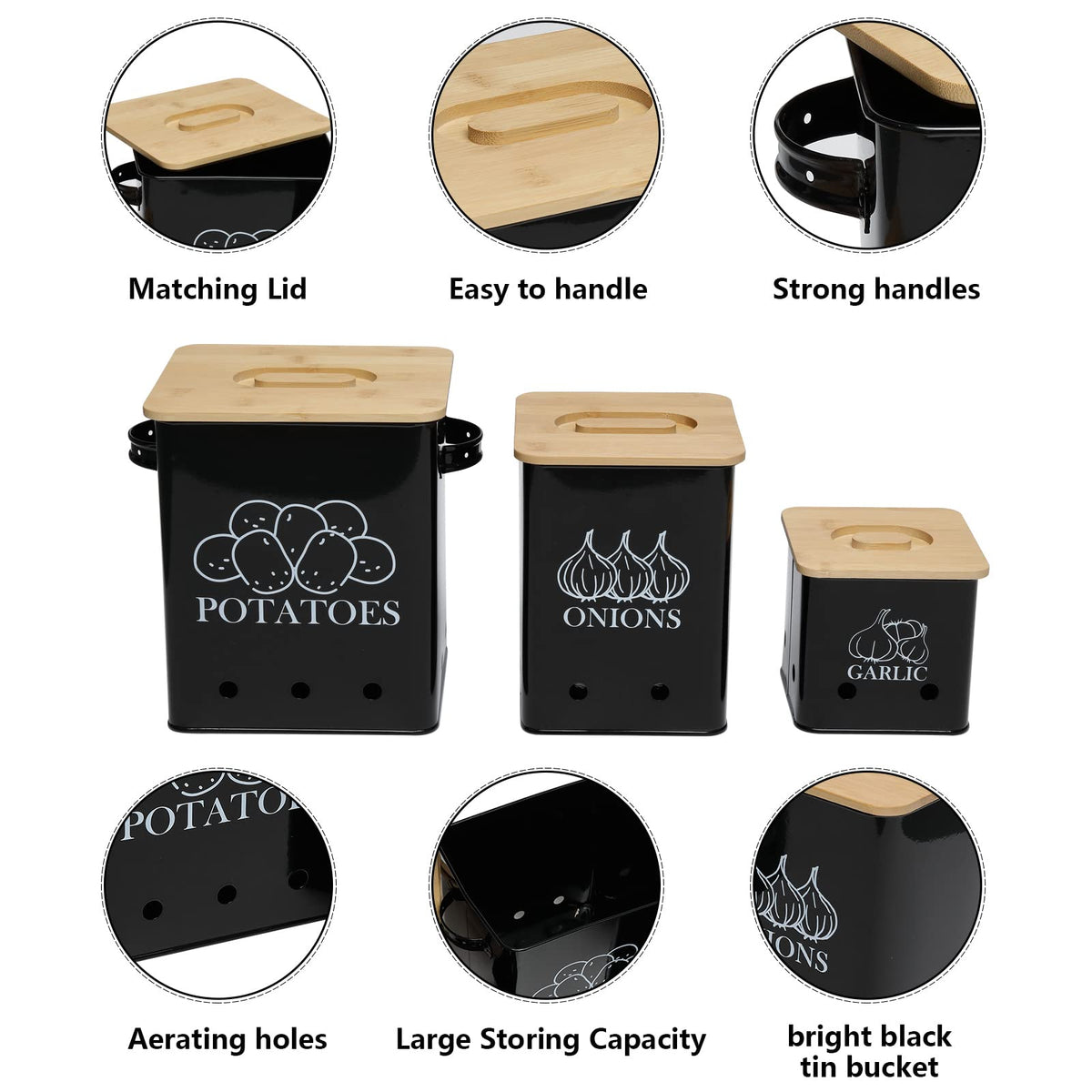 Black 3 Pack Kitchen Canisters Set with Wooden Lid P669