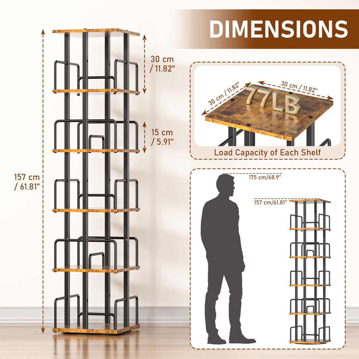 5-Tier Rotating Bookshelf with Metal Guardrails Z59080