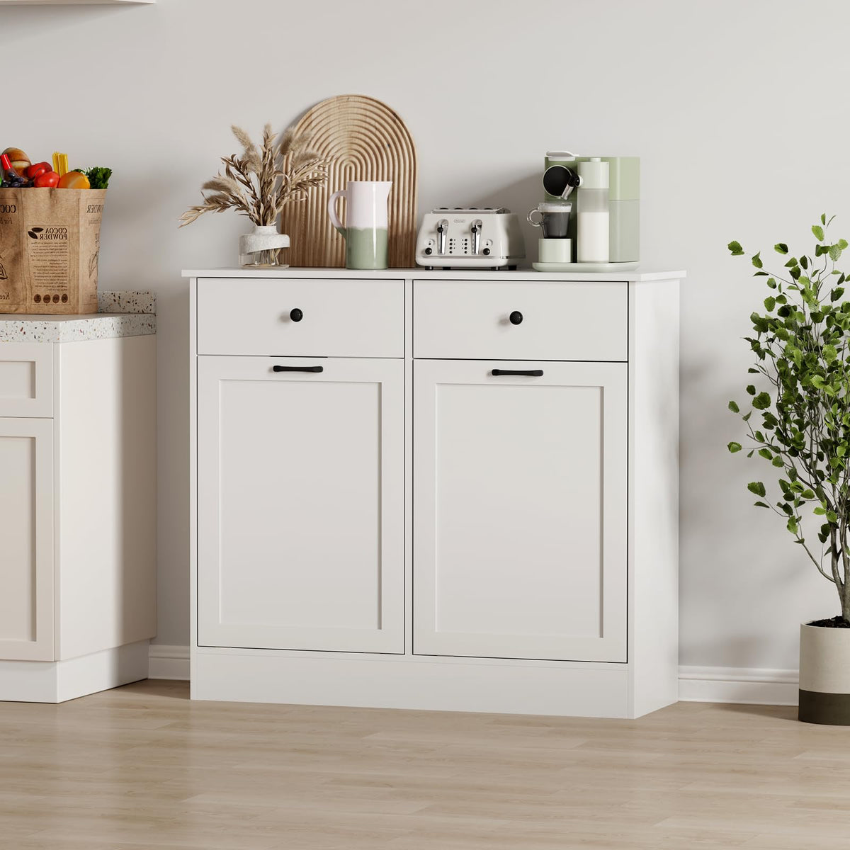 White 20-Gallon Wooden Tilt-Out Trash Can Cabinet A136339