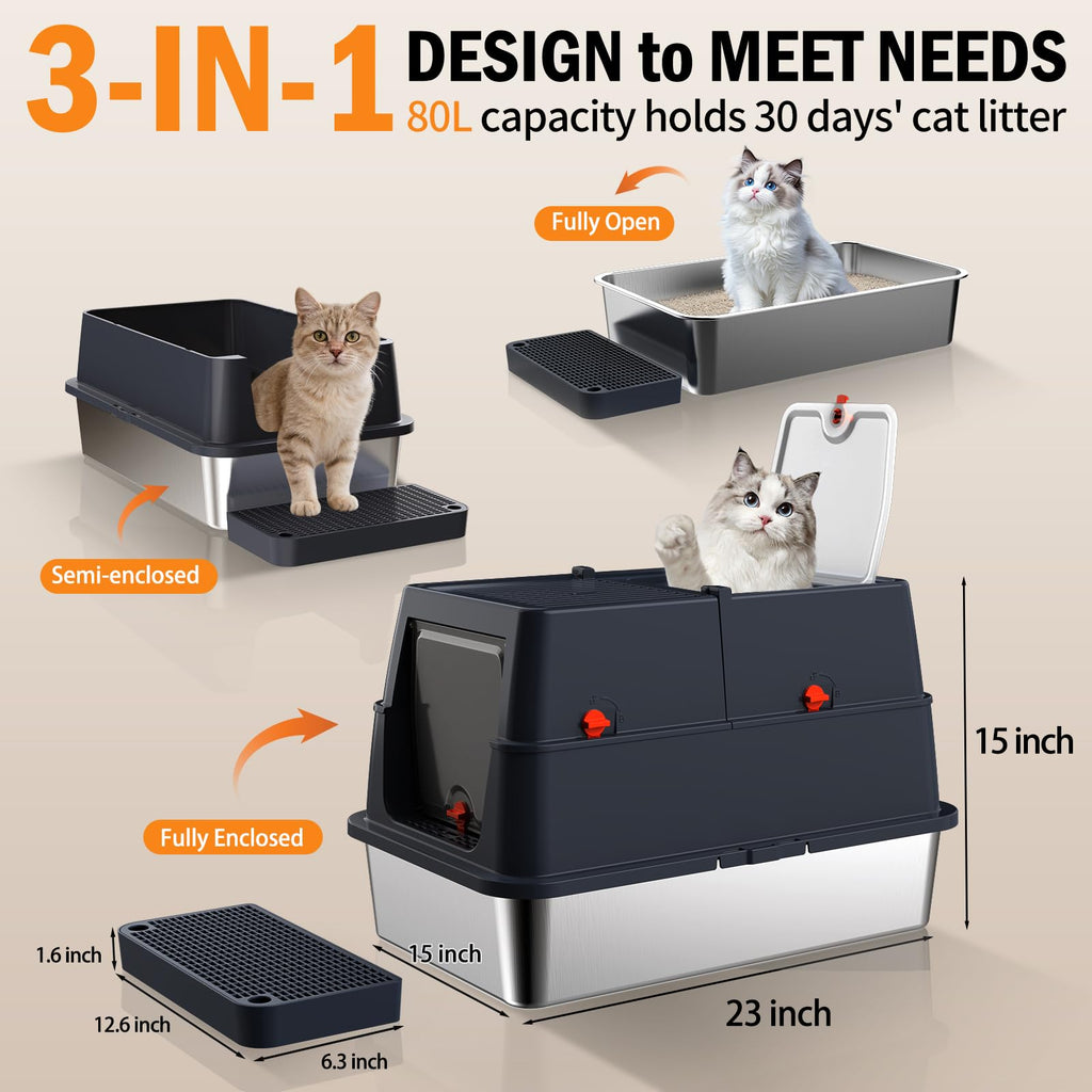 Stainless Steel Enclosed Litter Box with Lid, Extra Large, Black I5499