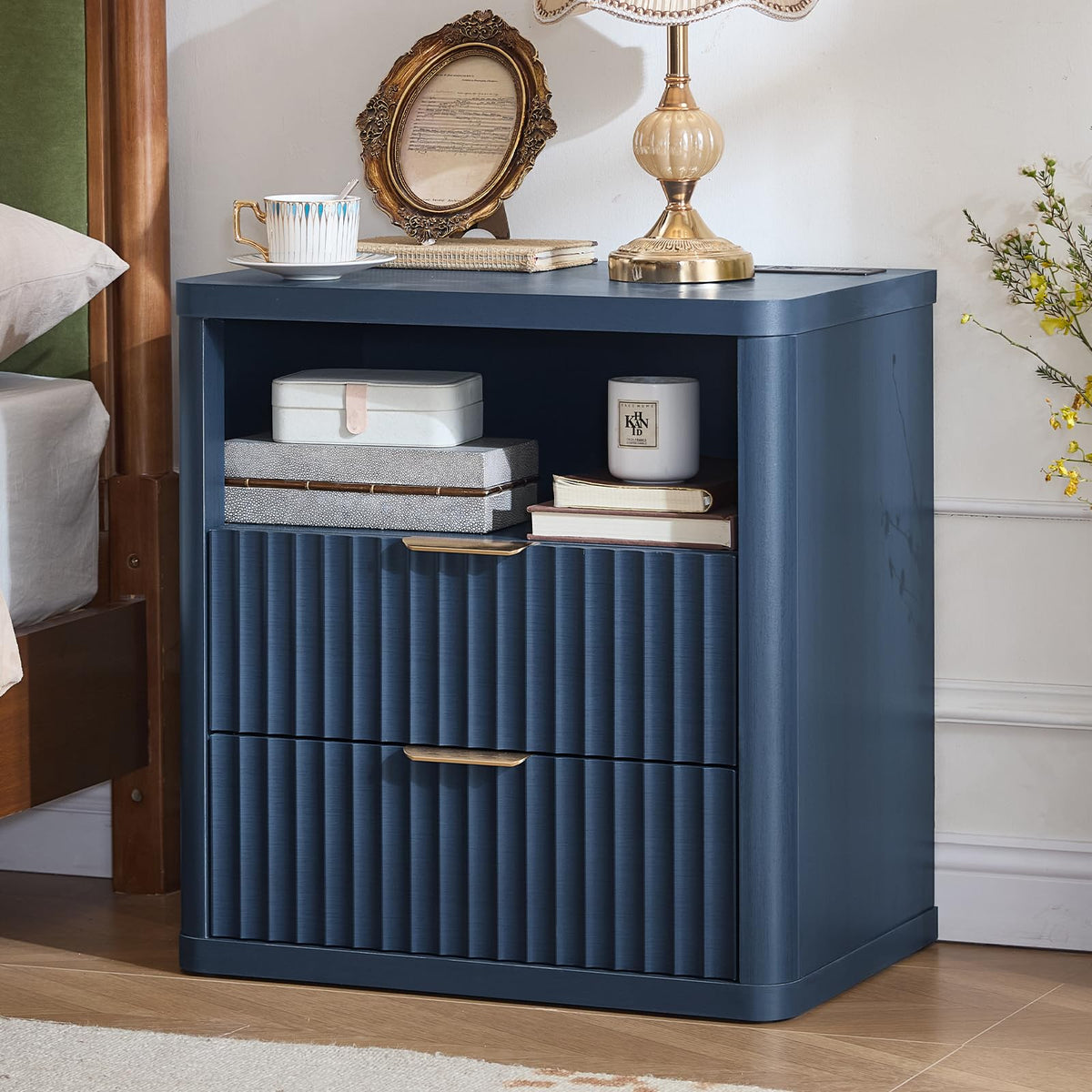 Blue 2 Drawer Fluted Nightstand with Charging Station V637686