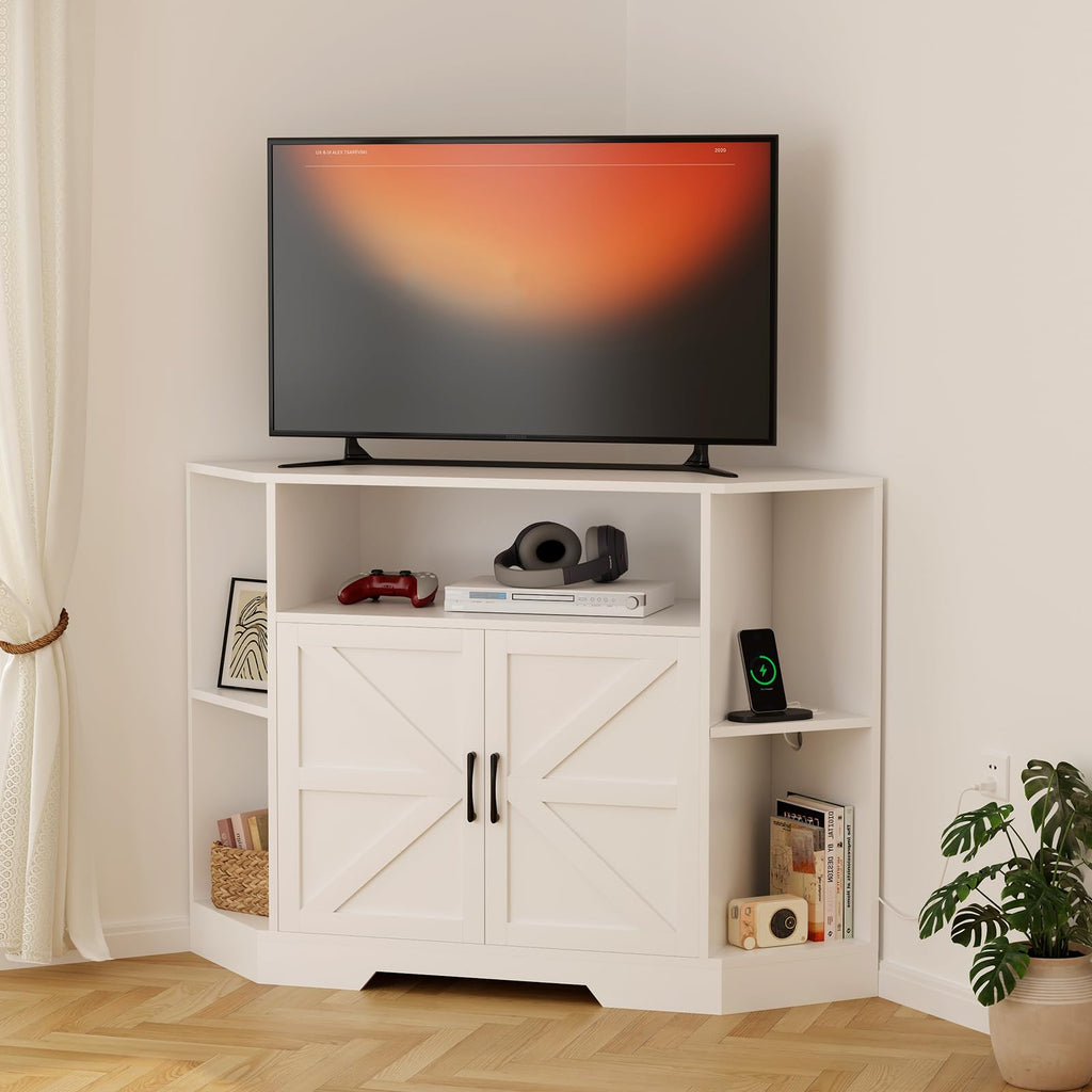 Corner TV Stand with Power Outlet & Barn Doors V670