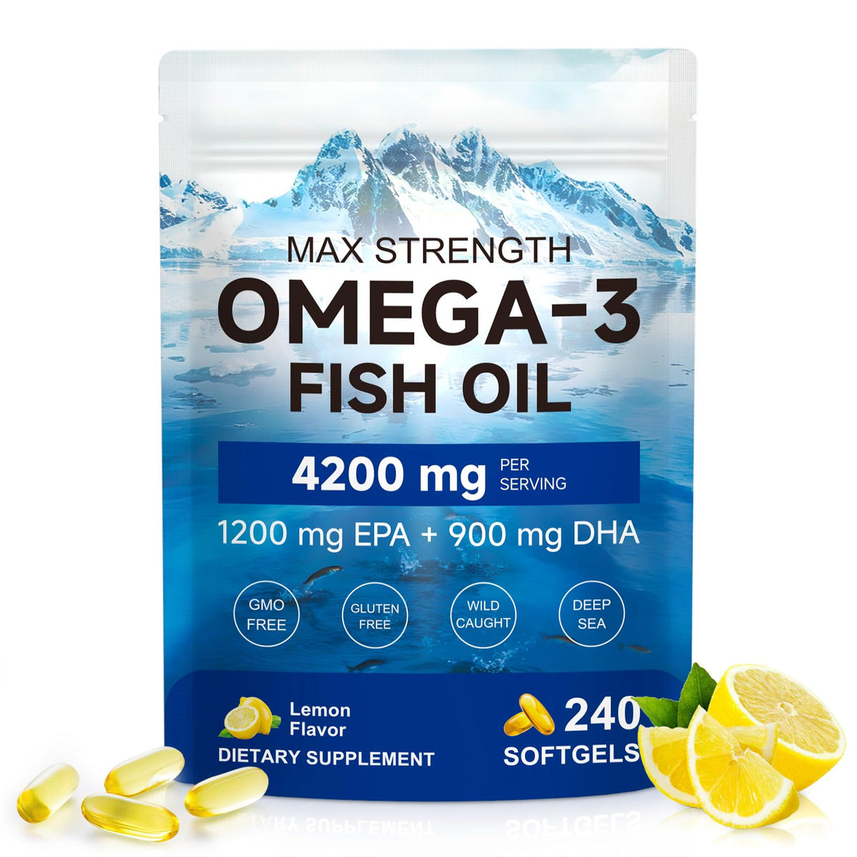 Omega 3 Fish Oil Supplement 240 Softgels Lemon Flavor Z27846
