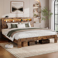 King Size Brown Wood Bed Frame with Bookcase Storage Headboard H6120