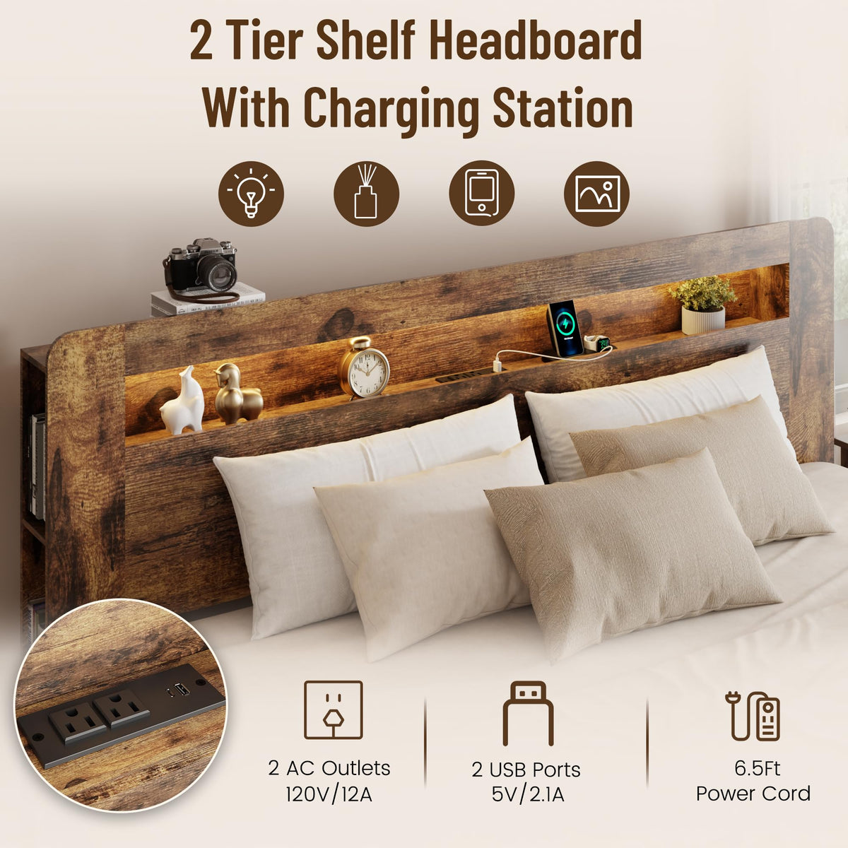 King Size Brown Wood Bed Frame with Bookcase Storage Headboard H6120