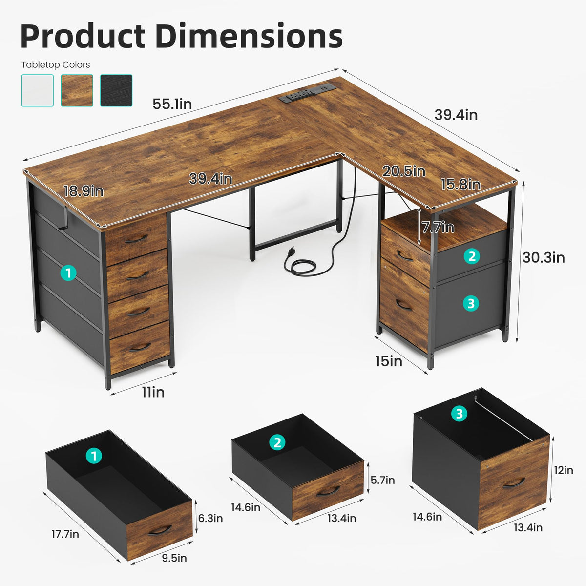 55 Inch L Shaped Office Desk with 6 Drawers Z14751