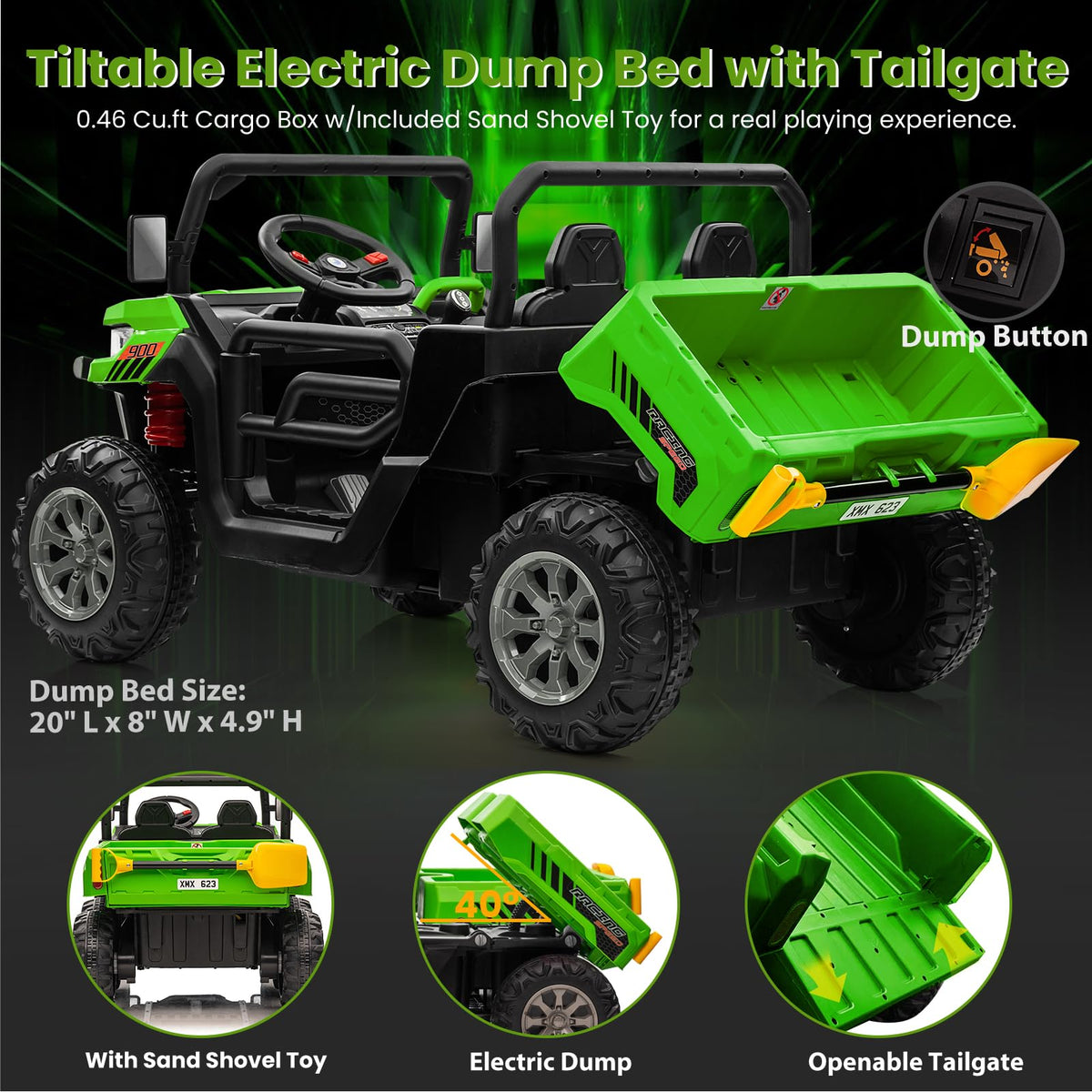 24V 4WD Ride on Truck Car with Dump Bed, 2 Seaters, Remote Control, Green U23729