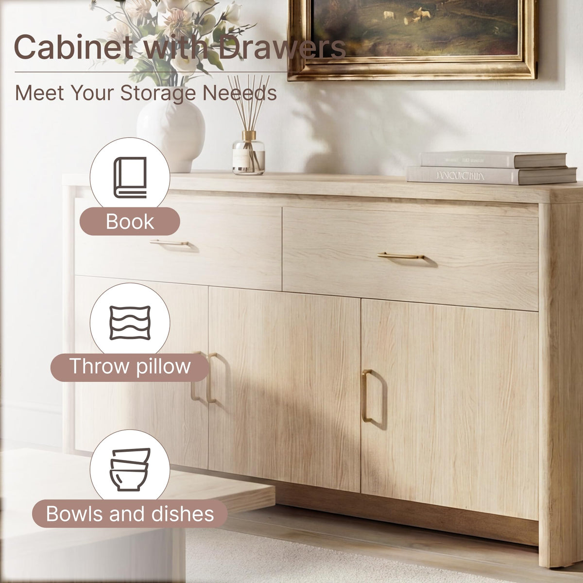 59" Wood Sideboard Buffet Cabinet with Adjustable Shelves & Drawers Q87724