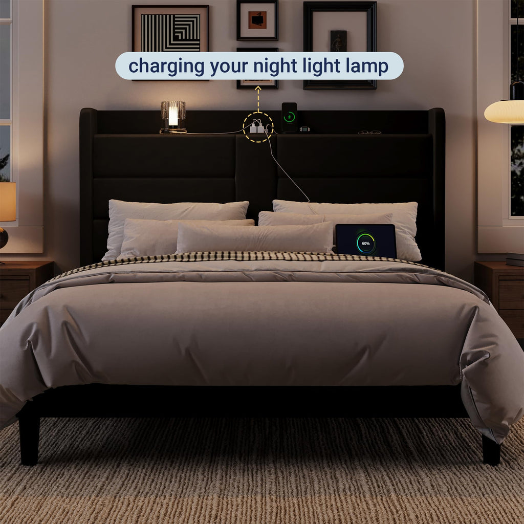 Queen Size Black Velvet Upholstered Platform Bed Frame with Storage Headboard P1890