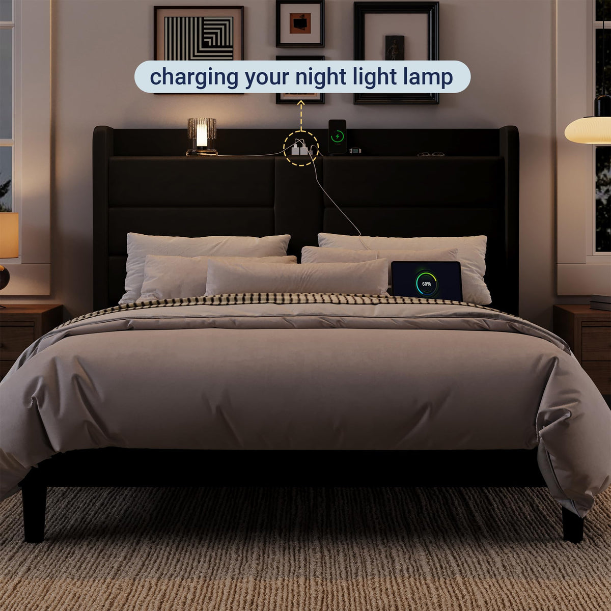 Queen Size Black Velvet Upholstered Platform Bed Frame with Storage Headboard P1890