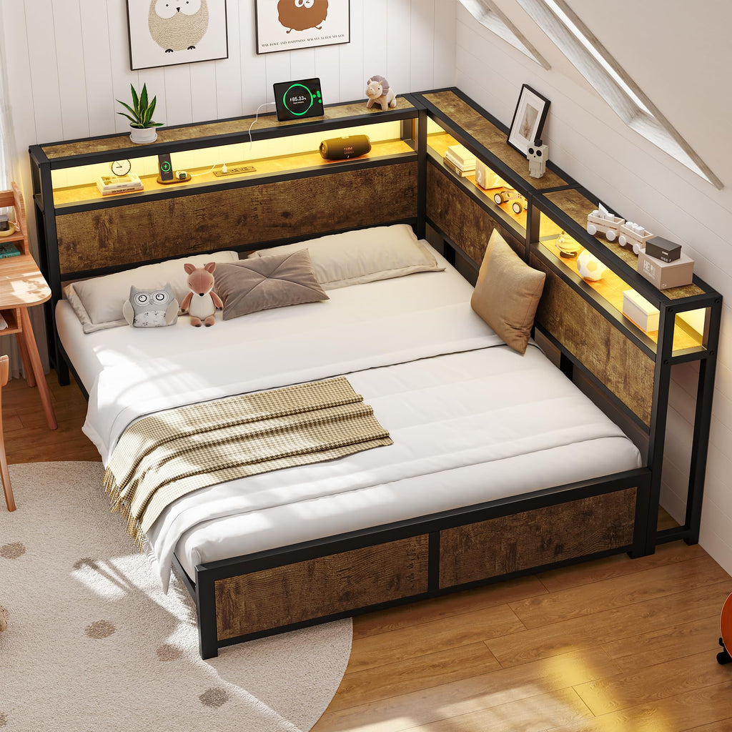 Queen Corner Bed Frame with Storage Headboard and Charging Station O252150