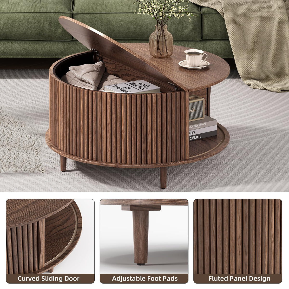 Round Coffee Table with Storage, 31.5", Walnut C717