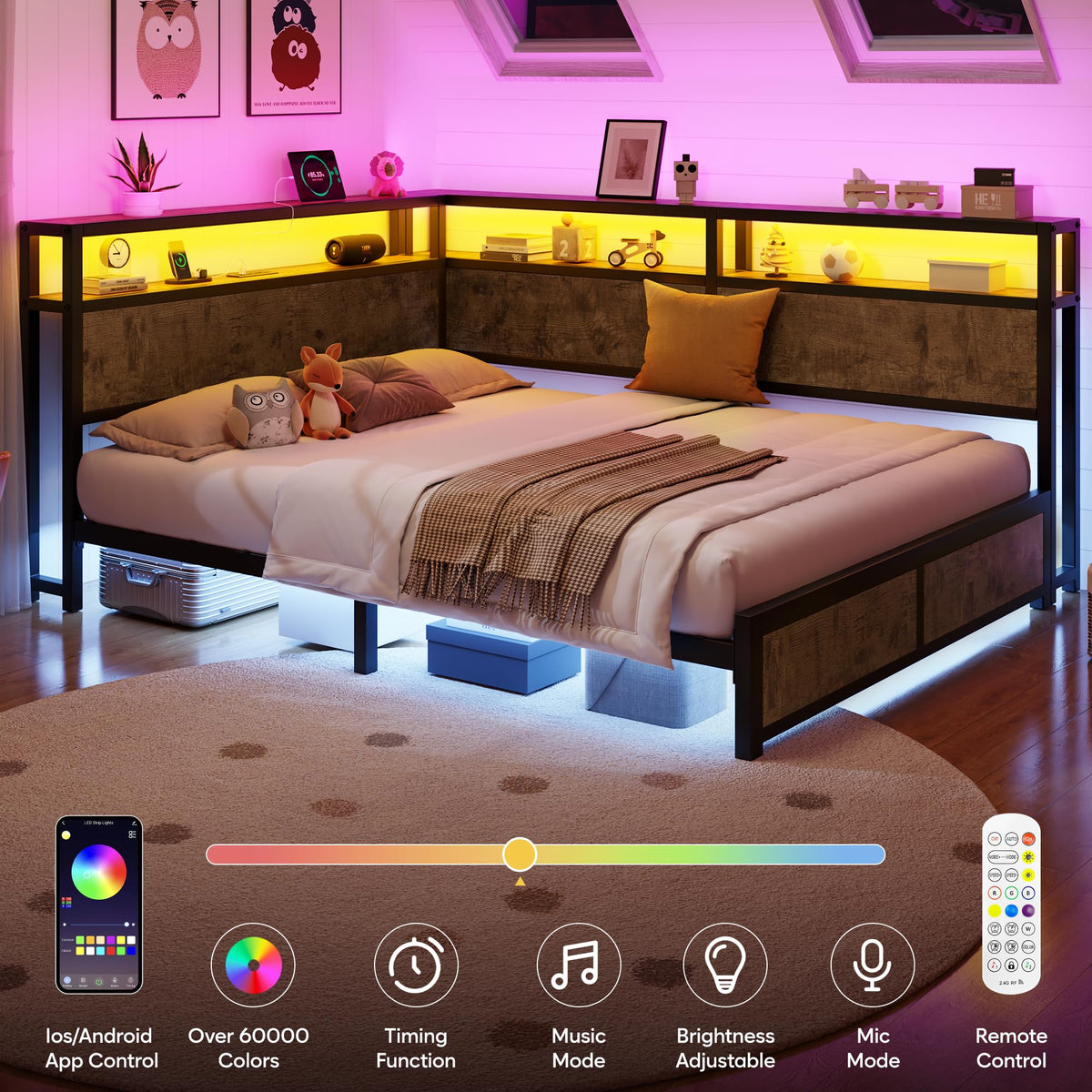 Queen Corner Bed Frame with Storage Headboard and Charging Station O252150
