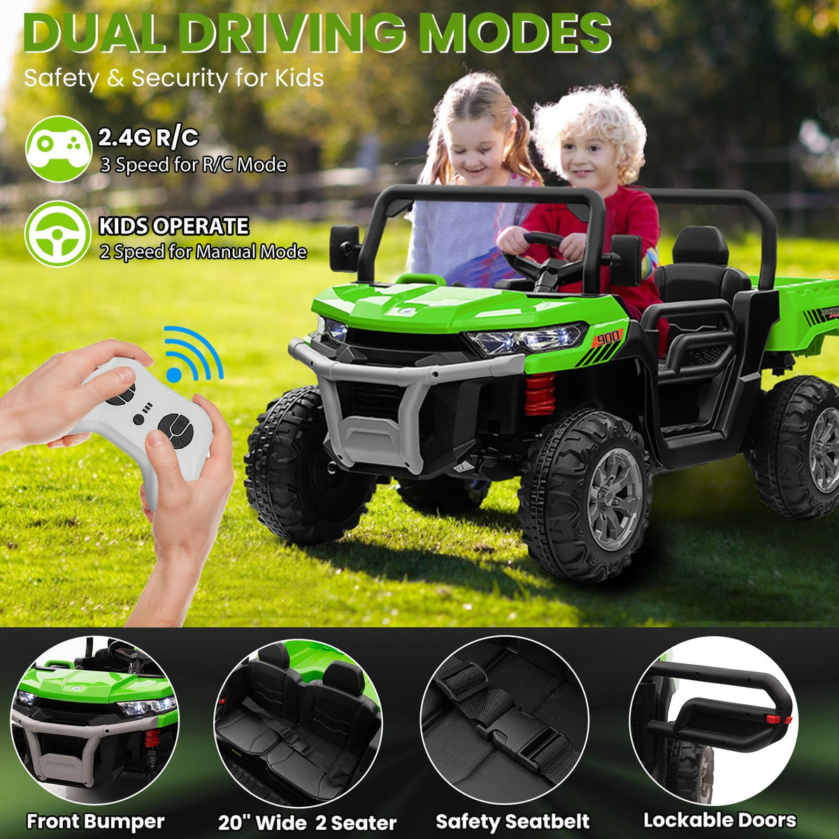 24V 4WD Ride on Truck Car with Dump Bed, 2 Seaters, Remote Control, Green U23729