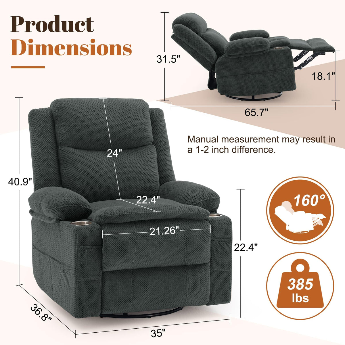 Gray Swivel Rocker Recliner with Massage & Heat C121409