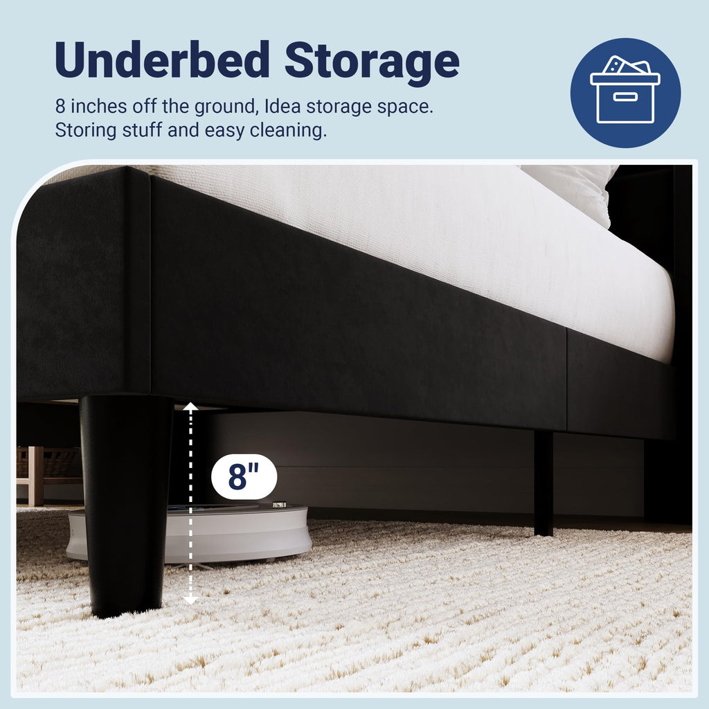 Queen Size Black Velvet Upholstered Platform Bed Frame with Storage Headboard P1890
