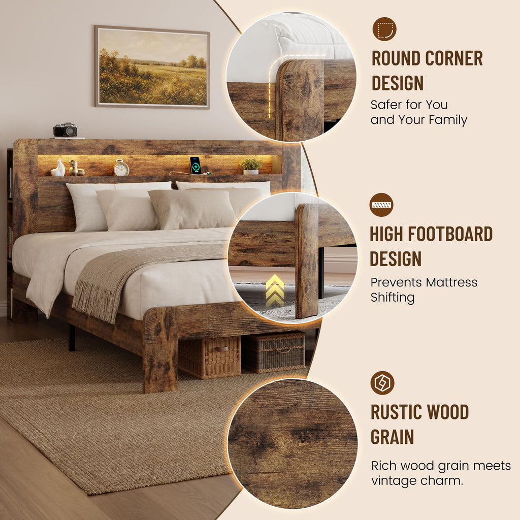 King Size Brown Wood Bed Frame with Bookcase Storage Headboard H6120