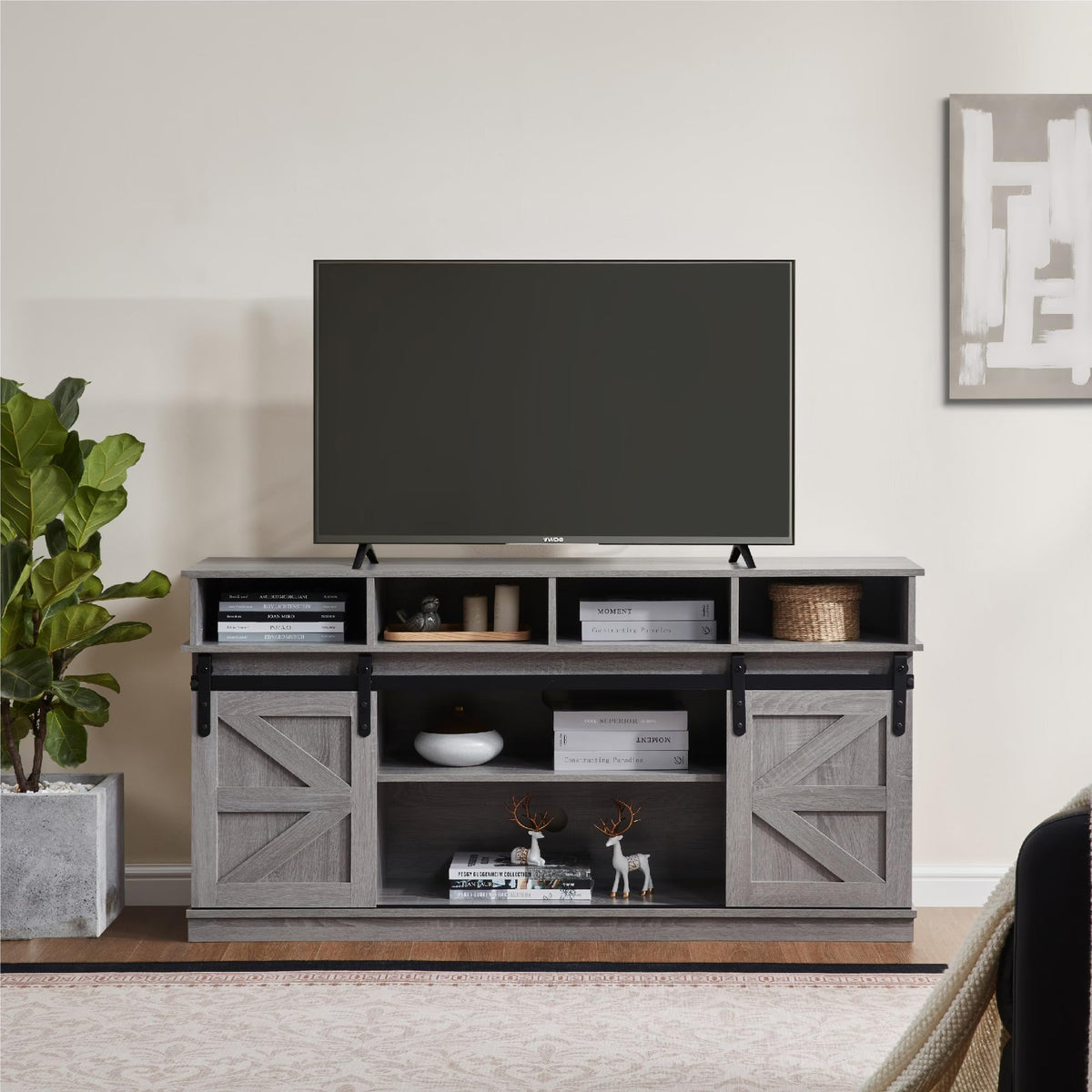 65" Grey TV Stand with Sliding Doors R7025