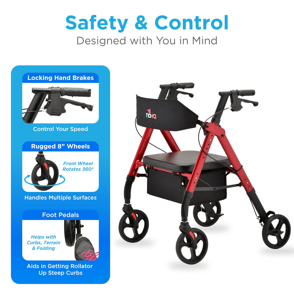 Foldable Rollator Walker with Seat, 400 lb Weight Capacity, 8” All-Terrain Wheels, Red B714476