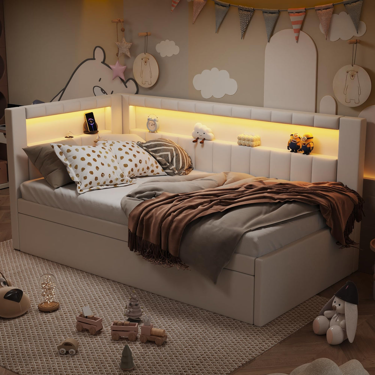 White Linen Upholstered Twin Size Daybed with Trundle and Bookcase Headboard Y230785
