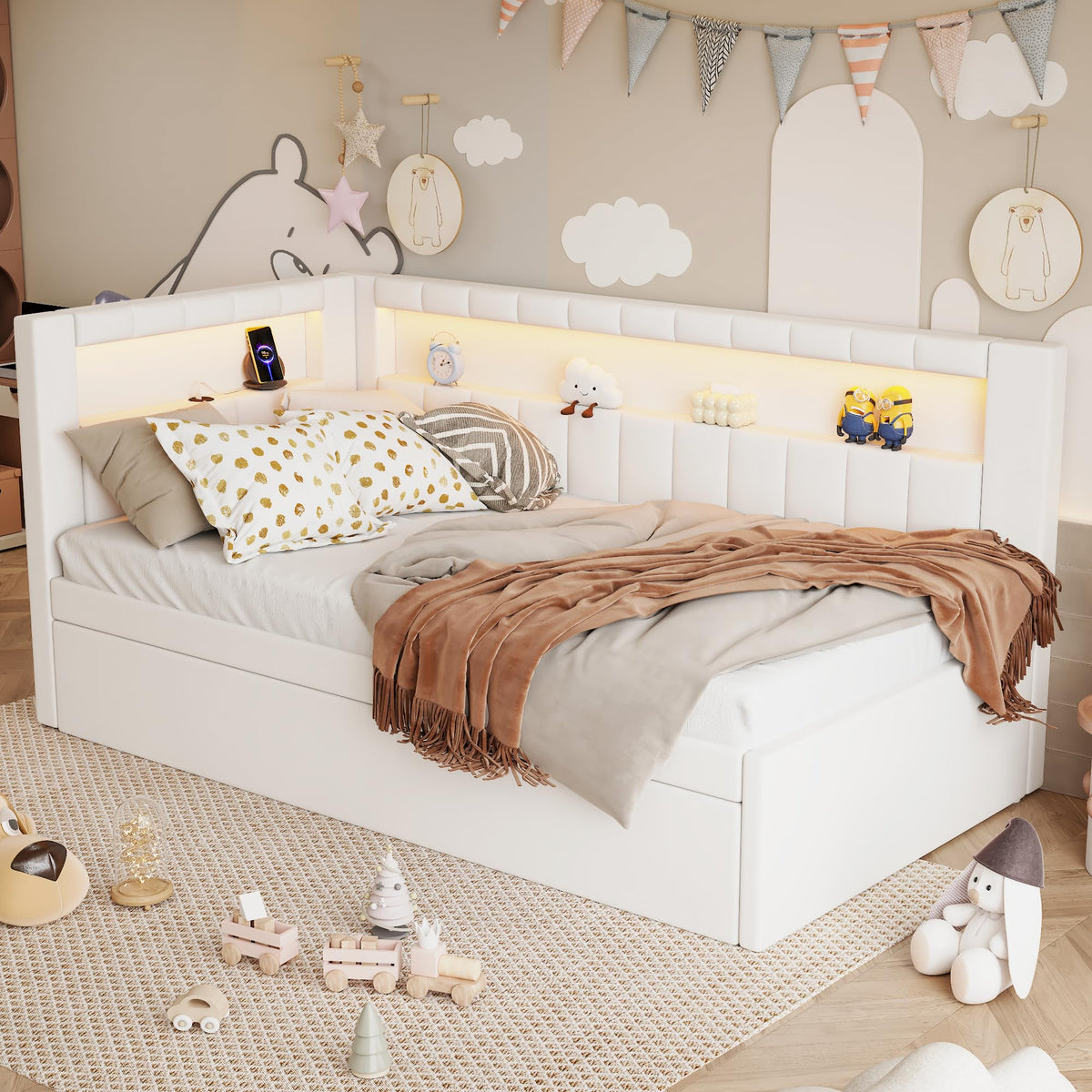 White Linen Upholstered Twin Size Daybed with Trundle and Bookcase Headboard Y230785